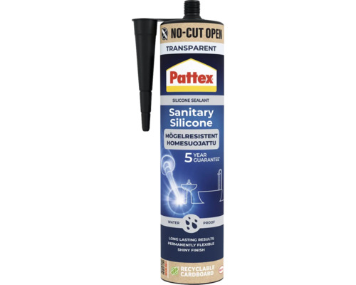 Transparent Pattex sanitetssilikon i patron, öppnas utan att skäras, mögelresistent, vattentät, 5 års garanti. Pattex Logo.