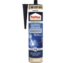 Pattex Logo på vitt sanitetssilikon, mögelresistent och vattentåligt, i en återvinningsbar kartongpatron, 5 års garanti.