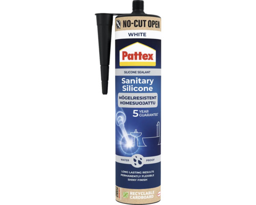 Pattex Logo på vitt sanitetssilikon, mögelresistent och vattentåligt, i en återvinningsbar kartongpatron, 5 års garanti.
