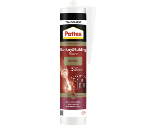 Pattex Sanitär och Byggsilikon, transparent, fogmassa i patron, mögelresistent, ultraviolettbeständig, 5 års garanti. Henkel Logo.
