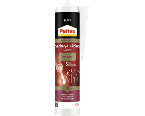 Pattex universell sanitär- och byggsilikon i svart, ultraviolettbeständig och mögelresistent, 5 års garanti.