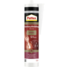 Pattex Sanitär- och byggsilikon i grått. Pattex Logo och Henkel Logo. Premiumfogmassa, UV-beständig, mögelresistent, med fem års garanti.