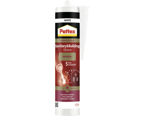 Pattex Sanitär- och byggsilikon Universal vit, UV-beständigt, mögelresistent, flexibelt, 5 års garanti, patron.