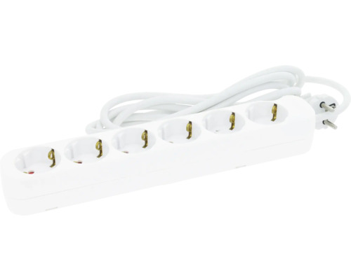 Vit 6-vägs grenuttag i plast med kabel och jordad stickpropp.