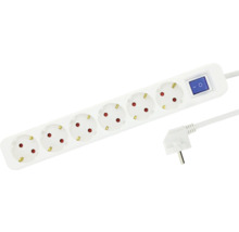 Grenuttag med 6 uttag i vitt med belyst strömbrytare och platt stickpropp.