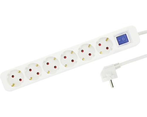 Grenuttag med 6 uttag i vitt med belyst strömbrytare och platt stickpropp.