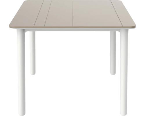 Rektangulärt trädgårdsbord med rundade hörn, bordsskiva med längsgående spår och fyra runda bordsben.