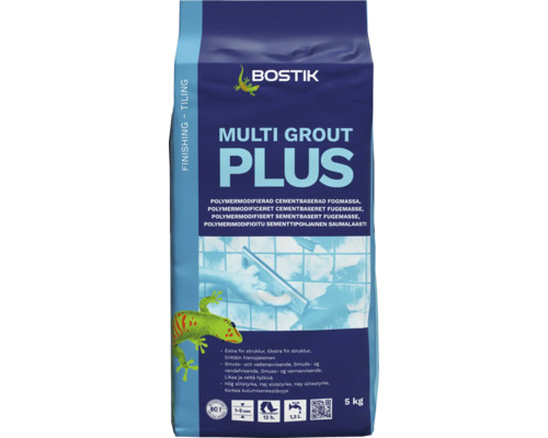Bostik Logo. Multi Grout Plus, polymermodifierad fogmassa, 5 kilogram, för fogbredd 1 till 5 millimeter, mycket låga emissioner.