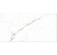 Golvplatta i granitkeramik med vit marmorlook och grå ådring.