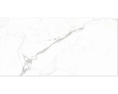 Golvplatta i granitkeramik med vit marmorlook och grå ådring.