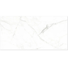 Vit klinker i granitkeramik med marmorlook och grå ådring.