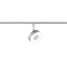 Modern silverfärgad LED-skenspotlight med ett ringformat ljushuvud.