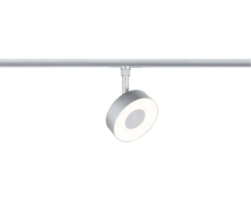 Modern silverfärgad LED-skenspotlight med ett ringformat ljushuvud.