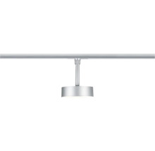 LED-spotlight för skensystem i silver, cylindriskt lamphuvud med anslutningsstag till skenan.