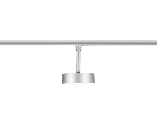 LED-spotlight för skensystem i silver, cylindriskt lamphuvud med anslutningsstag till skenan.
