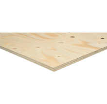 Plywoodskiva med synlig träåring, kvistar och skiktad kantkonstruktion.