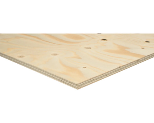 Plywoodskiva med synlig träåring, kvistar och skiktad kantkonstruktion.