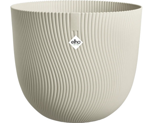 Rund blomkruka med vågig räfflad struktur och elho Logo.