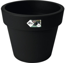 Rund svart blomkruka i plast från elho, 5 års garanti, tillverkad av återvunnet material, elho Logo.