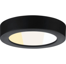 Rund LED-taklampa i svart med vit diffusor, minimalistisk design.