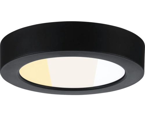 Rund LED-taklampa i svart med vit diffusor, minimalistisk design.