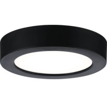 Rund LED-taklampa med svart metallram och vit diffusor.
