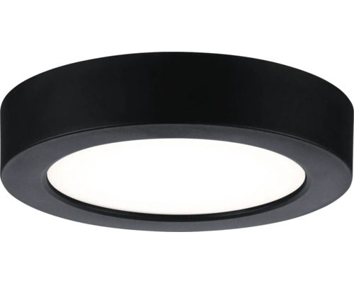 Rund LED-taklampa med svart metallram och vit diffusor.