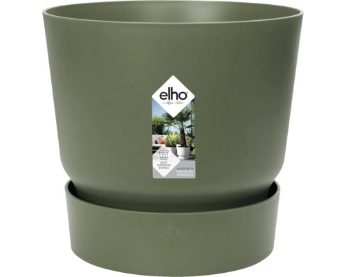 Elho blomkruka med integrerat fat, olivgrön, av återvunnen plast, med enkelt bevattningssystem.