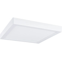 Kvadratisk LED-panel, platt taklampa i vitt av plast och metall.
