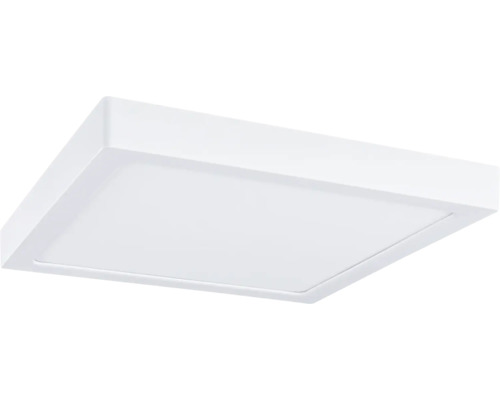 Kvadratisk LED-panel, platt taklampa i vitt av plast och metall.