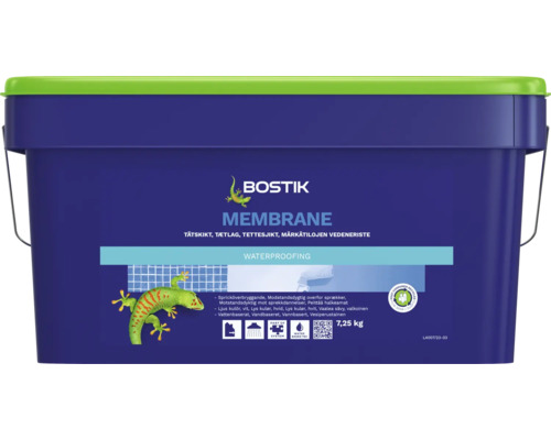 Bostik Membrane tätskikt i blå hink på 7,25 kilogram med grönt lock.
