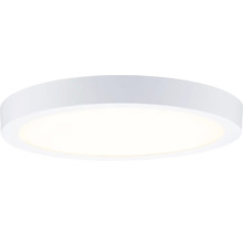 Rund vit LED taklampa med platt hölje och stor ljusyta.
