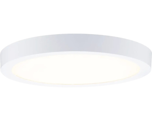 Rund vit LED taklampa med platt hölje och stor ljusyta.