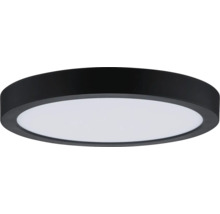 Rund LED-taklampa med svart ram och vit ljusyta.