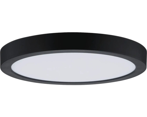 Rund LED-taklampa med svart ram och vit ljusyta.