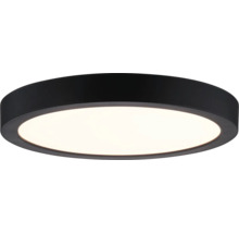Rund, platt LED-taklampa med svart ram och vit diffusor.