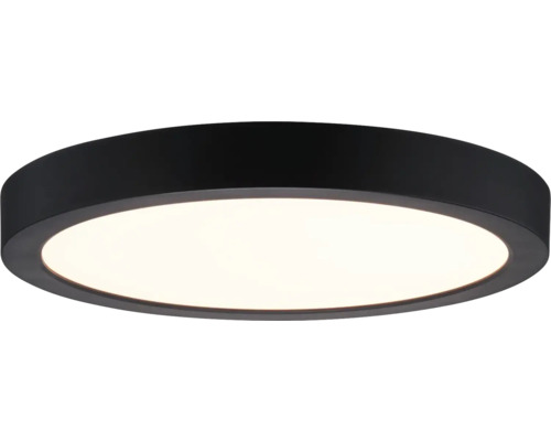 Rund, platt LED-taklampa med svart ram och vit diffusor.