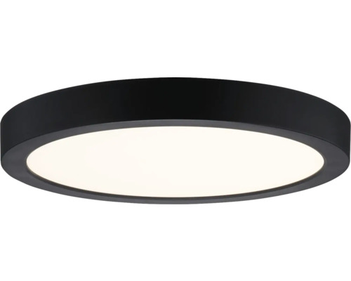Rund LED-taklampa med svart ram och vit diffusor.