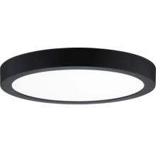 Rund, platt LED-taklampa med svart hölje och vit ljusyta.