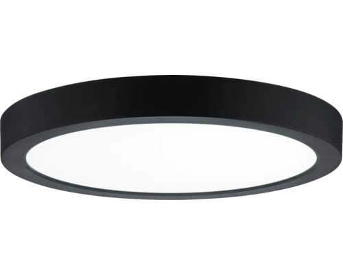 Rund, platt LED-taklampa med svart hölje och vit ljusyta.