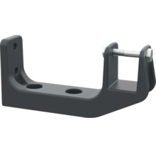 Mörkgrått metallfäste med monteringshål och en sexkantsbult.