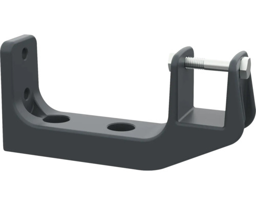 Mörkgrått metallfäste med monteringshål och en sexkantsbult.