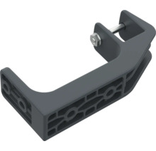 Mörkgrått klämfäste i plast med bult och mutter för montering av paneler.