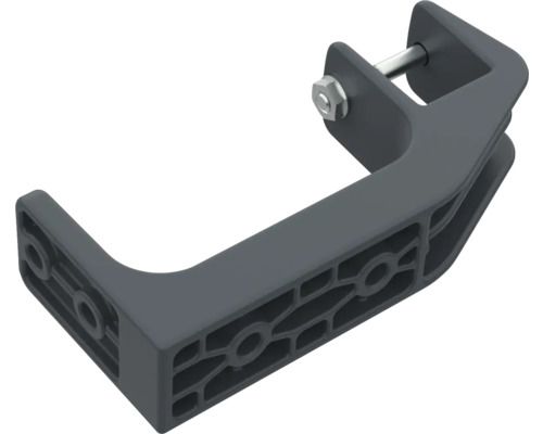 Mörkgrått klämfäste i plast med bult och mutter för montering av paneler.