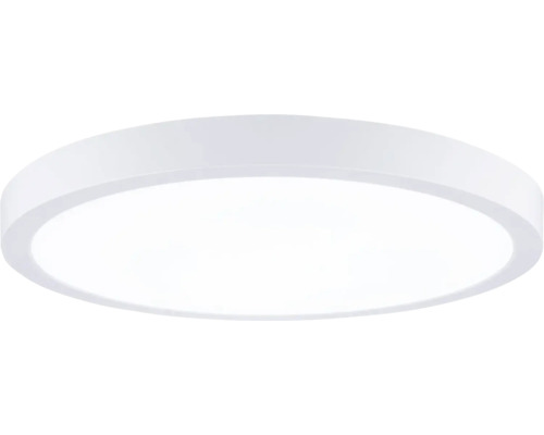 Rund, platt LED-taklampa i vitt, paneldesign.