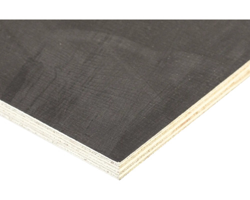 Formplywood med mörk filmbeläggning och synliga träskikt på kanten.
