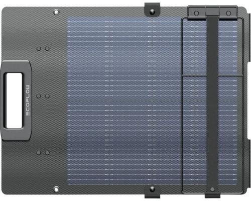 Hopfällbar bärbar EcoFlow solpanel med bärhandtag, EcoFlow Logo och strukturerad yta.