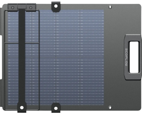 Bärbar EcoFlow solpanel med integrerat handtag och fästöglor för mobil strömförsörjning.