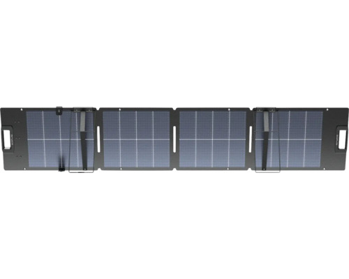 Vikbar EcoFlow solpanel med fyra sektioner, integrerade handtag och stöd för bärbar elproduktion.