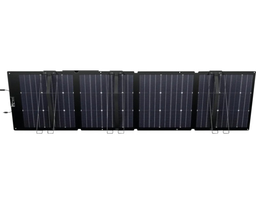 Vikbar solpanel med fyra moduler och integrerade stativ för mobil strömförsörjning.